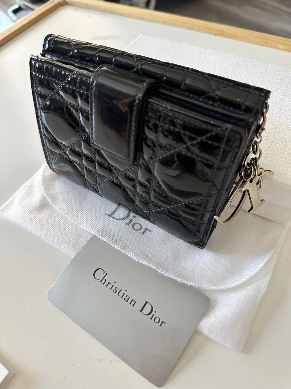 Dior Black Patent Quilted Card Case with Silver Charm